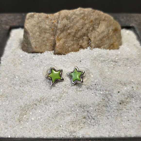 Vintage Peyote Bird 925 Silver and Green Turqouise Star Earrings - Picture 1 of 6